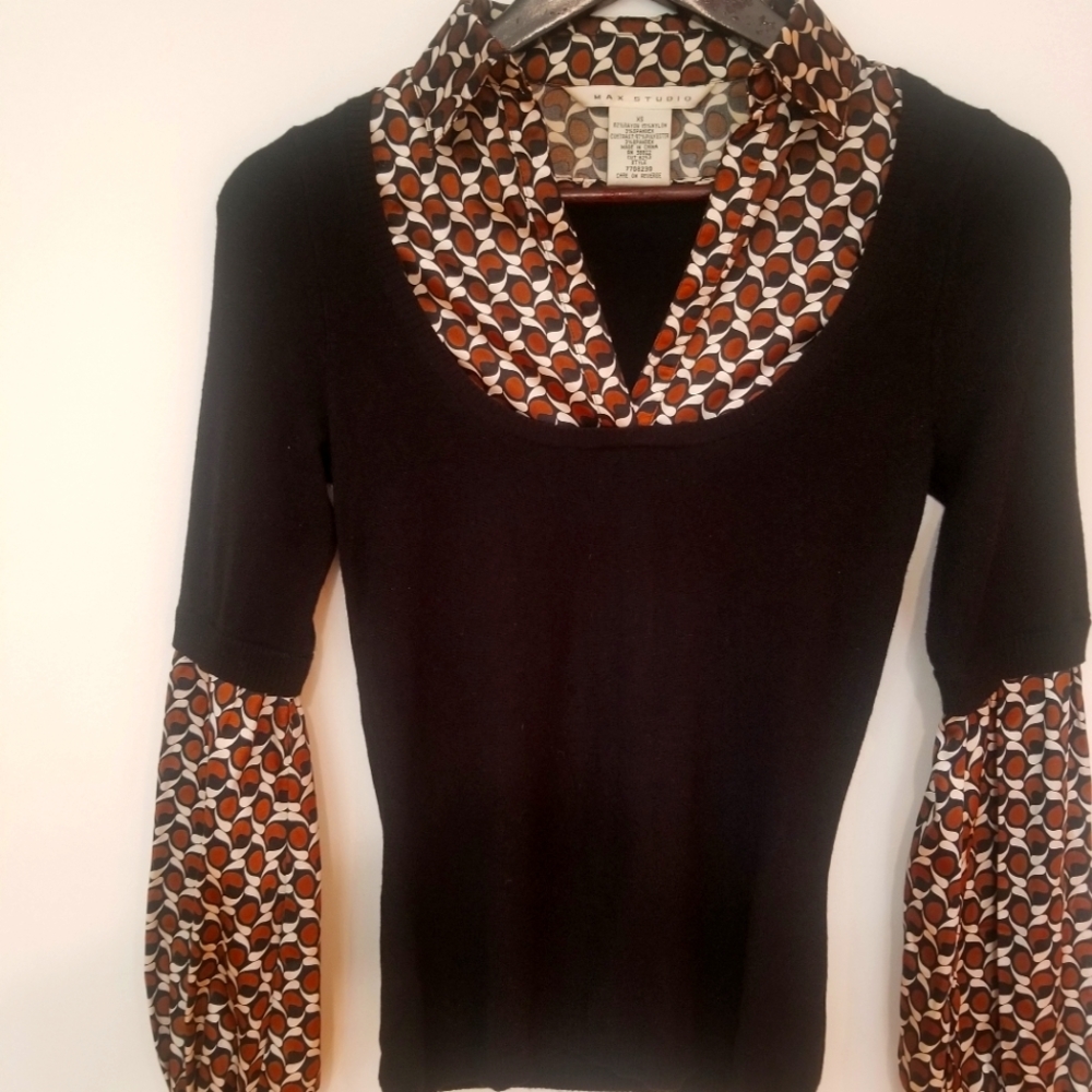 Max Studio black sweater and attached silky print shirt long sleeves size small